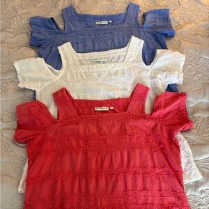 Lulu B Set of Coral, White, and Blue Peekaboo ShoulderTops
